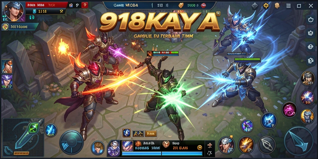 Screenshot gameplay <strong>918KAYA</strong> yang menampilkan aksi seru dalam pertempuran tim MOBA.