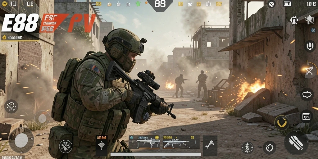 Tampilan gameplay E88 dengan grafis FPS yang menawan dan aksi mendebarkan.