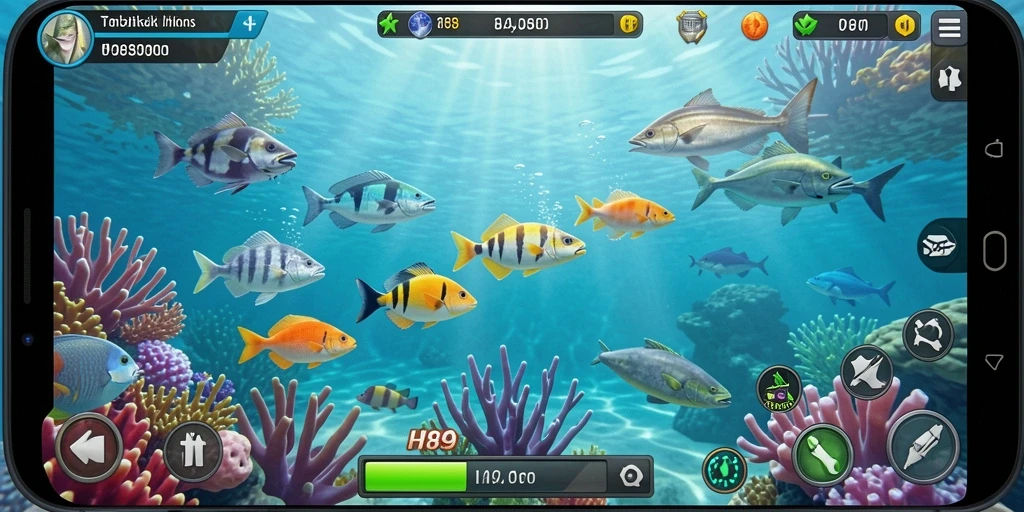 Screenshot H89 menunjukkan aksi seru dalam menembak ikan yang berwarna-warni.