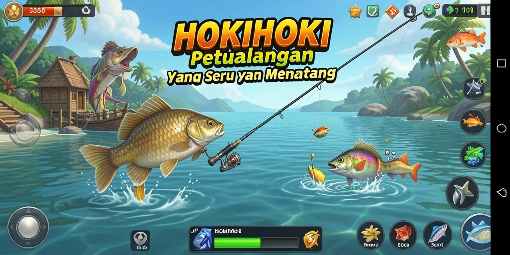 Menampilkan pemain yang menangkap ikan di lokasi memancing virtual HOKIHOKI.