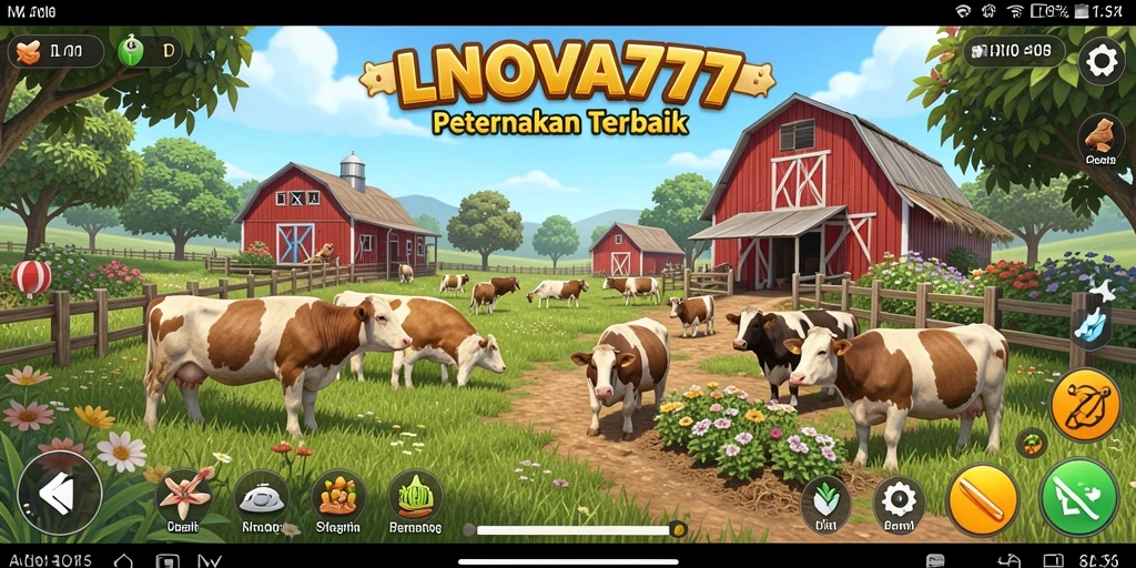 Tampilan seru gameplay LNOVA777 yang penuh warna dan aktivitas pertanian.