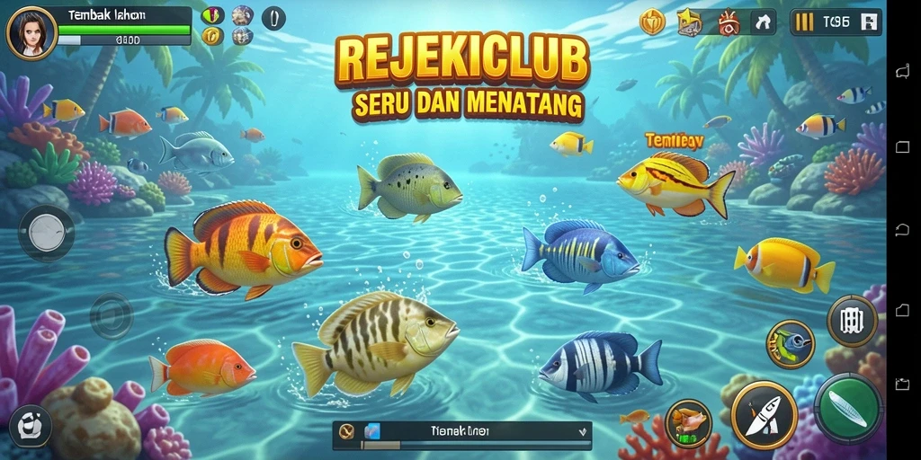 Tampilan gameplay seru REJEKICLUB dengan banyak ikan untuk ditembak.