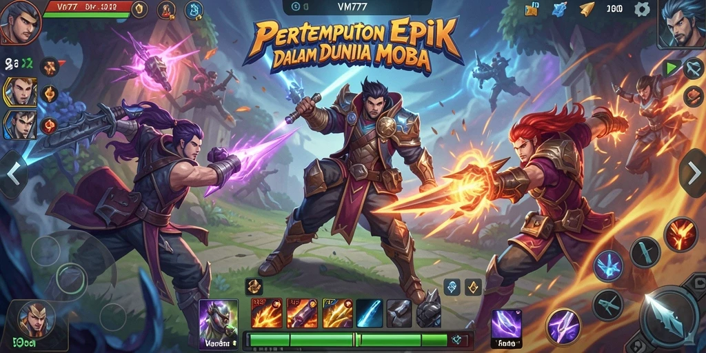 Screenshot gameplay epik dari VM777, pertempuran seru di arena MOBA.